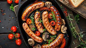 AI generated German sausages with grilled mushrooms and tomatoes.Grill pan with delicious grilled sausages photo