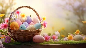 AI generated Beautiful pastel color Easter eggs and flowers in a basket with copy space. Colorful spring theme background. photo