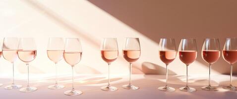 AI generated Group of glasses with white wine on a peach pink table. Minimalist trendy background with copy space. Sunlight and shadows. photo