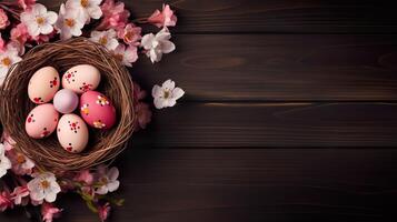 AI generated Beautiful bright color floral Easter eggs and flowers in a basket with copy space on a wooden table background. Colorful spring theme concept. photo