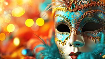 ai generado carnaval mascarada desfile máscara en borroso oscuro azul antecedentes con bokeh luces y guirnaldas Copiar espacio. para veneciano disfraz festival celebracion, invitación, promoción. foto