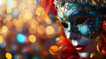 ai generado vistoso carnaval mascarada desfile máscara en borroso oscuro azul antecedentes con bokeh luces. Copiar espacio. para veneciano disfraz festival celebracion, invitación, promoción. foto