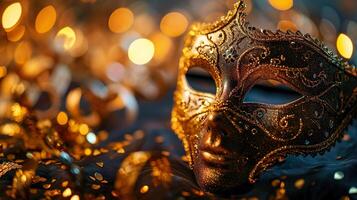 AI generated Golden Venetian carnival masquerade parade mask on blurred dark blue background with orange lights. Copy space. For costume festival celebration, invitation, promotion. photo