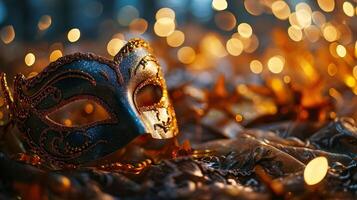 AI generated Golden Venetian carnival masquerade parade mask on blurred dark blue background with orange lights. Copy space. For costume festival celebration, invitation, promotion. photo