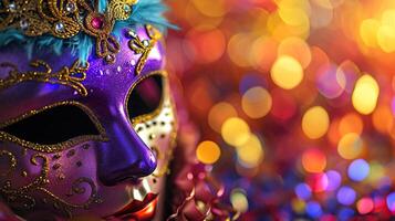 ai generado vistoso carnaval mascarada desfile máscara en borroso oscuro azul antecedentes con bokeh luces. Copiar espacio. para veneciano disfraz festival celebracion, invitación, promoción. foto