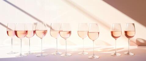 AI generated Group of glasses with white wine on a peach pink table. Minimalist trendy background with copy space. Sunlight and shadows. photo