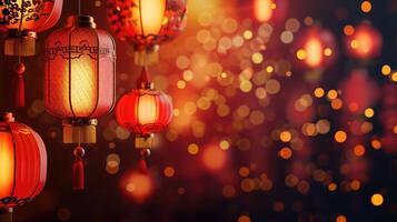 AI generated chinese new year background with lamps and bokeh lights photo