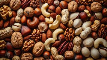AI generated Natural background made from different kinds of nuts. photo