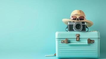 AI generated Blue suitcase with sun glasses, hat and camera on pastel blue background. travel concept. minimal style photo