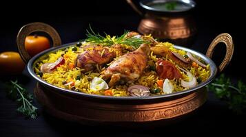 AI generated Chicken biryani in a shiny silver bowl, Spicy curry and aromatic flavors, authentic Indian food, serving fancy food in a restaurant. photo