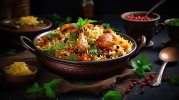 AI generated Chicken biryani in a shiny silver bowl, Spicy curry and aromatic flavors, authentic Indian food, serving fancy food in a restaurant. photo