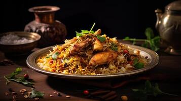 AI generated Close up of rice chicken biryani, Spicy curry and aromatic flavors, authentic Indian food, serving fancy food in a restaurant. photo