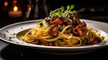 AI generated Italian pasta with mushrooms, tomatoes decorated with parsley basil. Serving fancy vegetarian food in a restaurant. photo