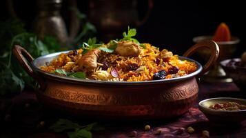 AI generated Spicy chicken biryani cuisine in a shiny silver bowl, authentic Indian food, serving fancy food in a restaurant. photo