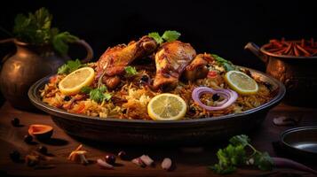 AI generated Close up of rice chicken biryani, Spicy curry and aromatic flavors, authentic Indian food, serving fancy food in a restaurant. photo