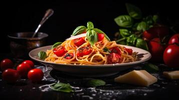 AI generated Spaghetti, pasta with tomato sauce, tomatoes decorated with parsley basil. Serving fancy Italian food in a restaurant. photo