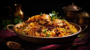 AI generated Chicken biryani in a shiny silver bowl, Spicy curry and aromatic flavors, authentic Indian food, serving fancy food in a restaurant. photo