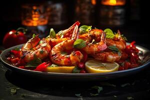 AI generated A platter of freshly grilled king shrimps with lemon. Serving fancy seafood in a restaurant. photo