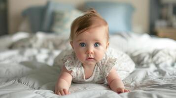 ai generado linda adorable bebé niña acostado en el cama foto