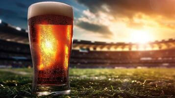 AI generated Glass of beer on football stadium background photo