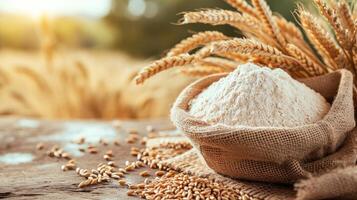 AI generated wheat flour in bowl and grains in burlap bag on table with ripe cereal field on the background photo