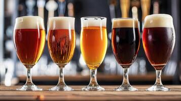 AI generated Glasses with different sorts of craft beer on wooden bar. Tap beer in pint glasses arranged in a row. Closeup of five glasses of different types of draught beer photo