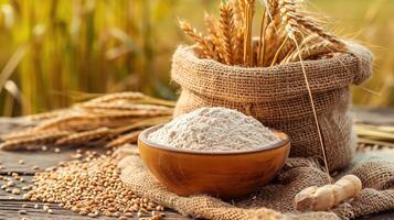 AI generated wheat flour in bowl and grains in burlap bag on table with ripe cereal field on the background photo