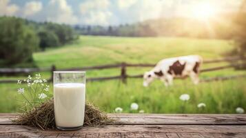 AI generated Milk with hay on wooden table and cow grazing in meadow photo