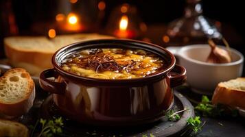 AI generated Homemade French onion soup with toasted baguette, melted cheese on the wooden table background. Serving fancy vegetarian food in a restaurant. photo