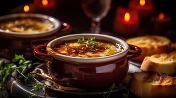 AI generated Classic French onion soup with grated cheese, toasted baguette and parsley on the wooden table background. Serving fancy vegetarian food in a restaurant. photo