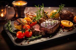 AI generated A platter of freshly grilled beef steak with sauce and roasted vegetables on wooden board. Serving fancy food in a restaurant. photo
