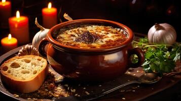 AI generated Classic French onion soup with grated cheese, toasted baguette and parsley on the wooden table background. Serving fancy vegetarian food in a restaurant. photo