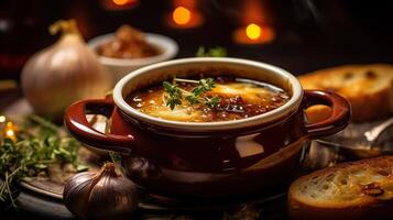 AI generated Classic french onion soup with grating cheese and parsley. Served with toasted baguette on the wooden table background. Serving fancy vegetarian food in a restaurant. photo