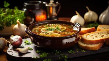 AI generated Classic French onion soup with grated cheese, toasted baguette and parsley on the wooden table background. Serving fancy vegetarian food in a restaurant. photo