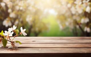 AI generated Beautiful blooming spring flowers branches background. Wooden table, display with copy space for product presentation. photo