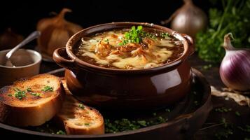 AI generated Homemade French onion soup with toasted baguette, melted cheese on the wooden table background. Serving fancy vegetarian food in a restaurant. photo