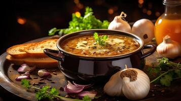 AI generated Classic french onion soup with grating cheese and parsley. Served with toasted baguette on the wooden table background. Serving fancy vegetarian food in a restaurant. photo