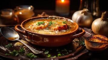 AI generated Classic French onion soup with grated cheese, toasted baguette and parsley on the wooden table background. Serving fancy vegetarian food in a restaurant. photo