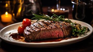 AI generated Sliced grilled meat steak served on a platter and paired with roasted vegetables. Serving fancy food in a restaurant. photo