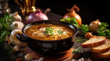 ai generado hecho en casa francés cebolla sopa con tostado junquillo, Derretido queso en el de madera mesa antecedentes. servicio lujoso vegetariano comida en un restaurante. foto