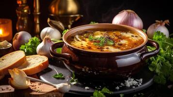 AI generated Homemade French onion soup with toasted baguette, melted cheese on the wooden table background. Serving fancy vegetarian food in a restaurant. photo