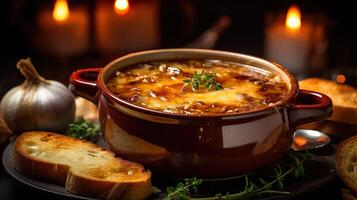 AI generated Classic french onion soup with grating cheese and parsley. Served with toasted baguette on the wooden table background. Serving fancy vegetarian food in a restaurant. photo