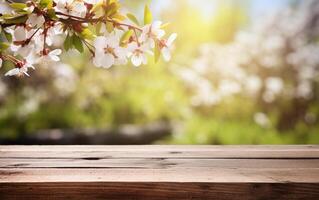 AI generated Empty wooden table, display with spring nature theme background. Beautiful blooming cherry branches. Copy space for product presentation, showcase. photo