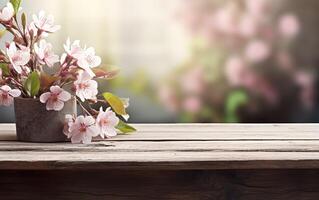 ai generado vacío de madera mesa, monitor con primavera naturaleza tema antecedentes. hermosa floreciente Cereza sucursales. Copiar espacio para producto presentación, escaparate. foto
