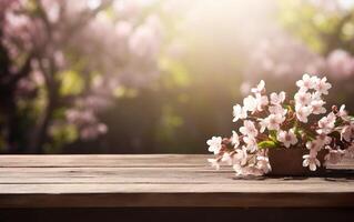 AI generated Empty wooden table, display with spring nature theme background. Beautiful blooming cherry branches. Copy space for product presentation, showcase. photo