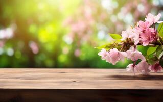 AI generated Beautiful blooming spring flowers branches background. Wooden table, display with copy space for product presentation. AI Generative photo