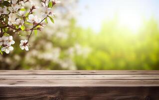 AI generated Empty wooden table, display with blurred blooming cherry branches background. Spring nature and flowers theme concept. Copy space for product presentation, showcase. photo