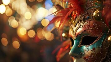 ai generado vistoso carnaval mascarada desfile máscara en borroso oscuro azul antecedentes con bokeh luces. Copiar espacio. para veneciano disfraz festival celebracion, invitación, promoción. foto