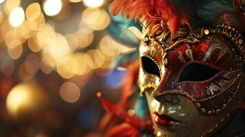 ai generado vistoso carnaval mascarada desfile máscara en borroso bokeh luces antecedentes con Copiar espacio. para veneciano disfraz festival celebracion, invitación, promoción. foto