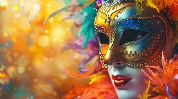 AI generated Colorful carnival masquerade parade mask on blurred yellow background with bokeh lights. Copy space. For Venetian costume festival celebration, invitation, promotion. photo